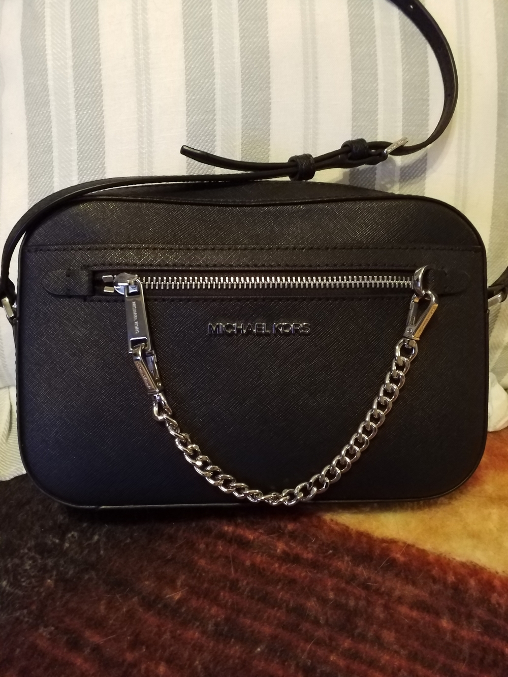 Michael Kors Black Leather Crossbody with Silver Chain Accent